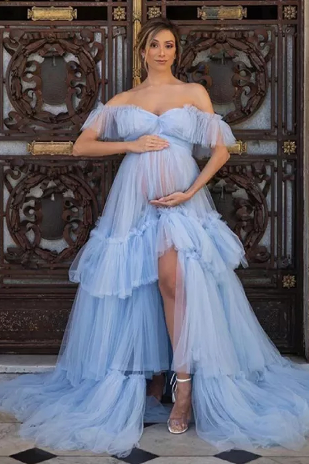 Sky Blue A Line Maternity Dresses Off The Shoulder Front Split Pregnant ...