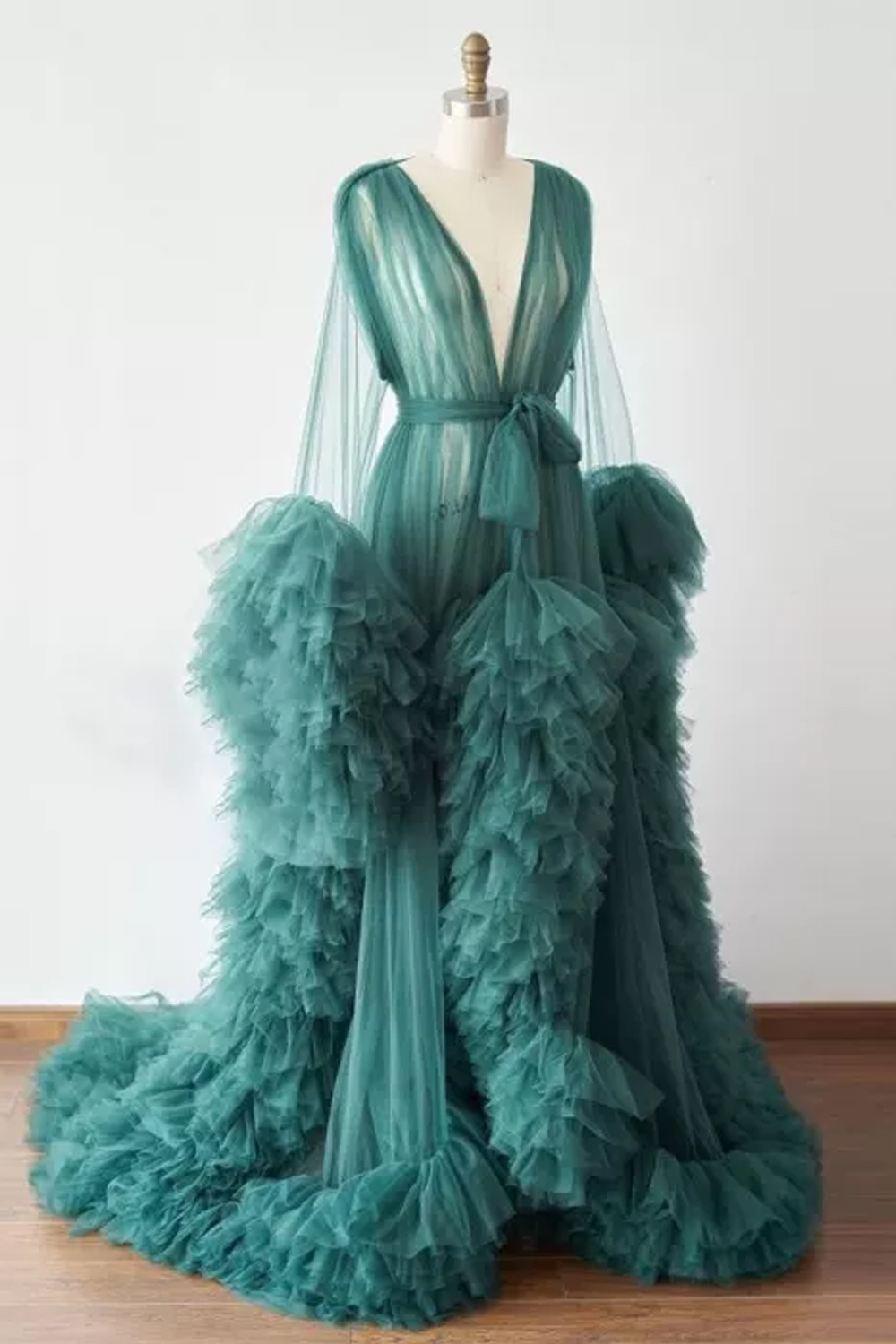 Forest Green Ruffled Tulle Robe Women Prom Dresses for Photoshoot Long ...