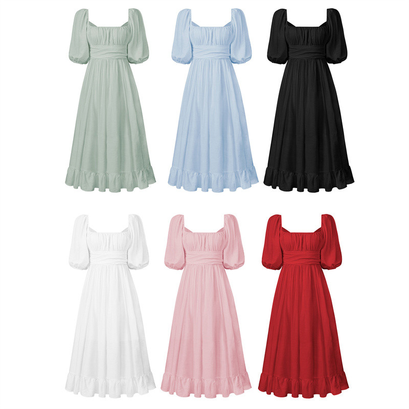 Ruffles Hem Solid Color Lantern Sleeve Square Collar High Waist Wedding Guest Dresses