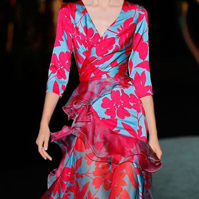 Women V Neck Asymmetrical Print Ruffle Casual  Wedding Guest Dresses