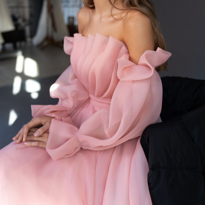 Ladies Casual Long Sleeve Strapless High Solid  Wedding Guest Dresses