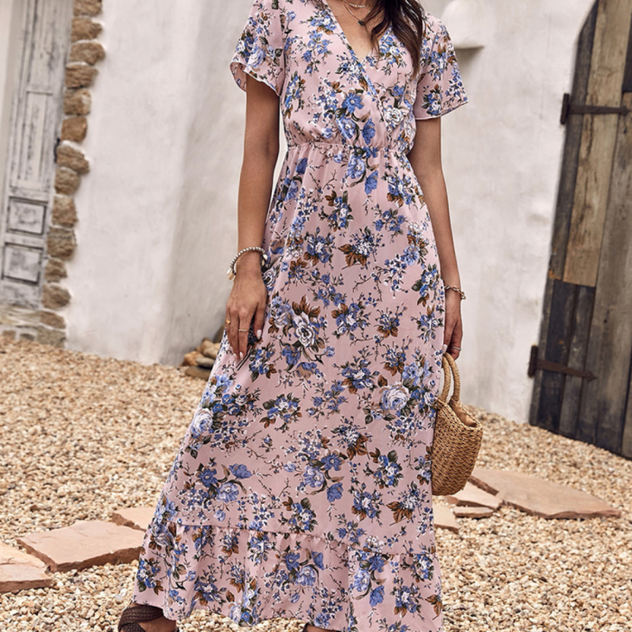 Chiffon Dress Beach Style Floral  V-neck Elegant  Maxi Dresses
