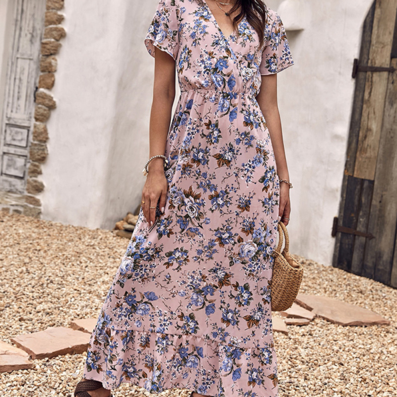 Chiffon Dress Beach Style Floral  V-neck Elegant  Maxi Dresses