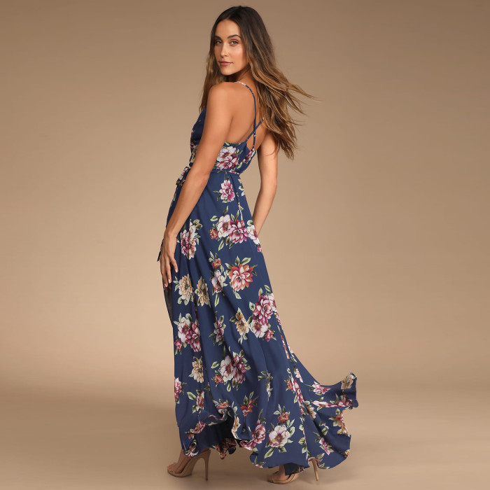 Floral Print Sexy V-Neck Sling Halter  Wedding Guest Dresses