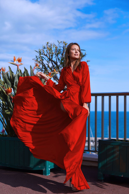 New Women's Long Sleeve Deep V Neck Sexy Slit Slim Fit Bohemian Wedding Guest Dresses