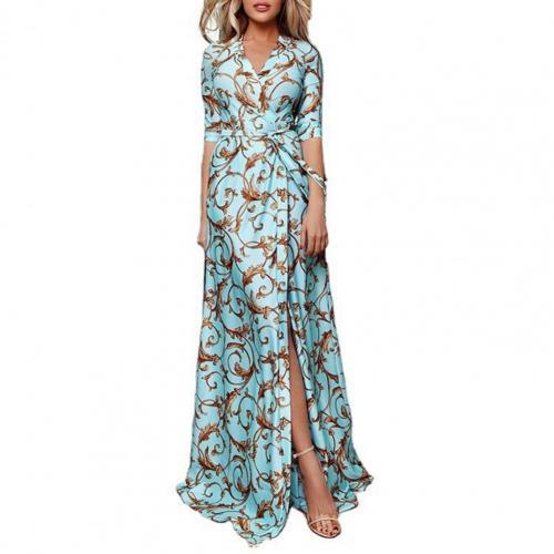 Summer Printed V Neck Women 3/4 Sleeve Waist Tied Split Wedding Guest Dresses