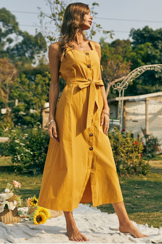 Beach Style High Waist Button Elegant  Maxi Dresses