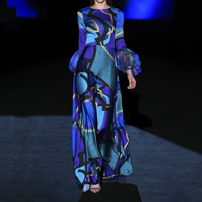 Lantern Sleeve Print Round Neck Long Sleeve Wedding Guest Dresses