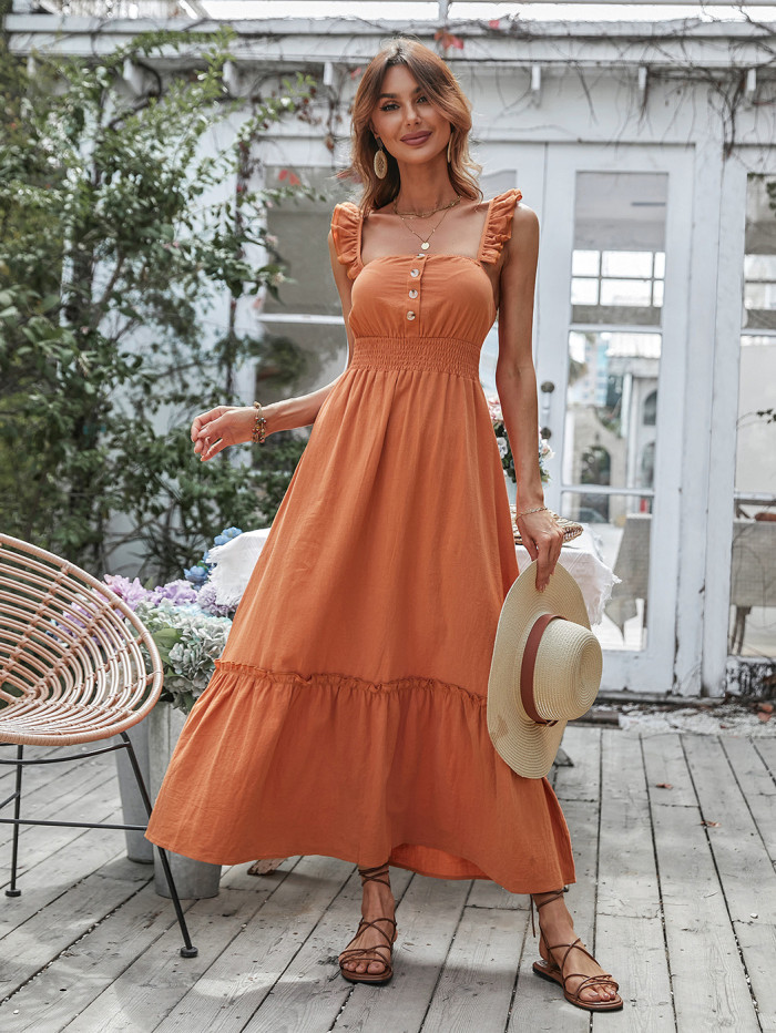 Ruffled Sling Dress Sleeveless Single Breaste High Waist  Maxi Dresses