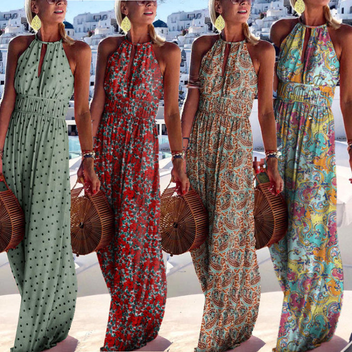 New Round Neck Halterneck Backless Sexy Print  Wedding Guest Dresses