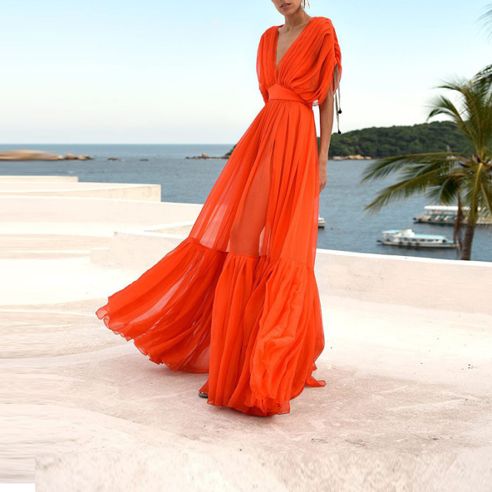 New Orange Sexy Chiffon V-Neck Wedding Guest Dresses