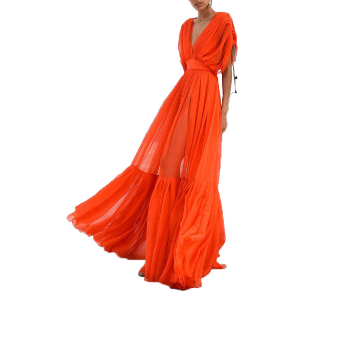 New Orange Sexy Chiffon V-Neck Wedding Guest Dresses