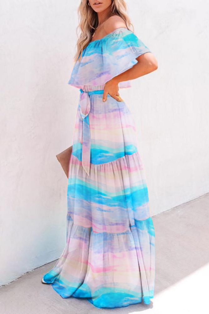 Women Print Bright Ruffled Thin Large Hem Belt  Wedding Guest Dresses