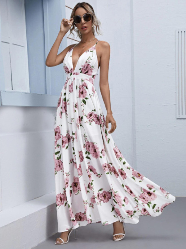 Women's Chiffon Loose Print Sling Sexy  Wedding Guest Dress