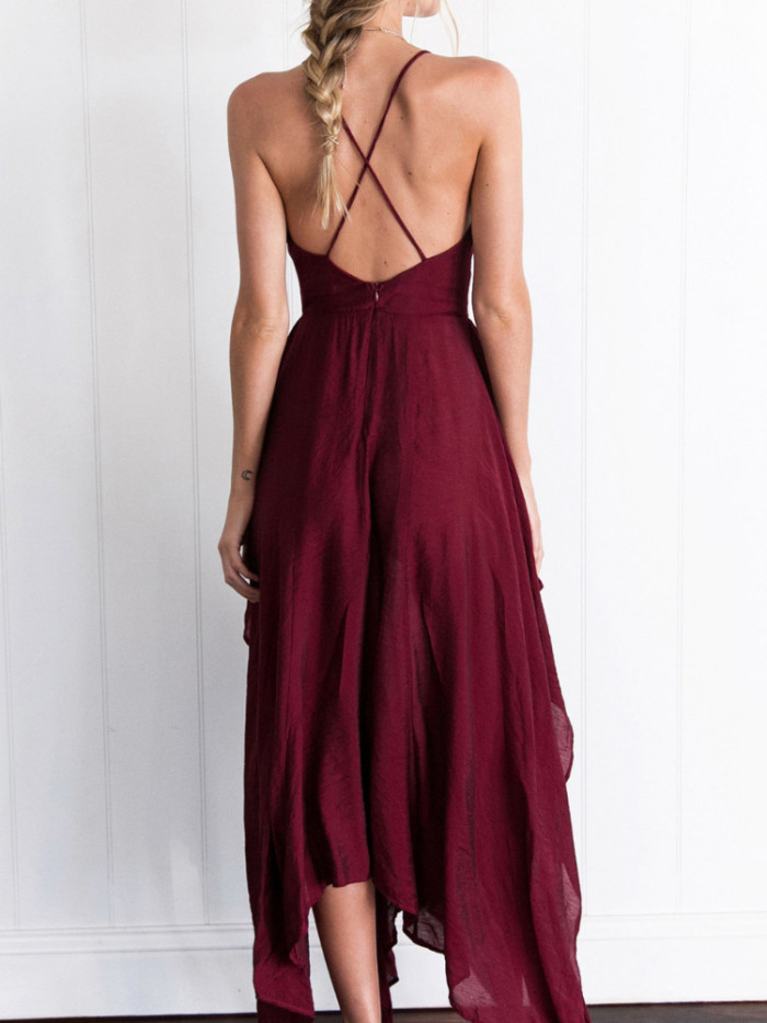 Women's Fashion V-neck Backless Split Suspender Wedding Guest Dresses