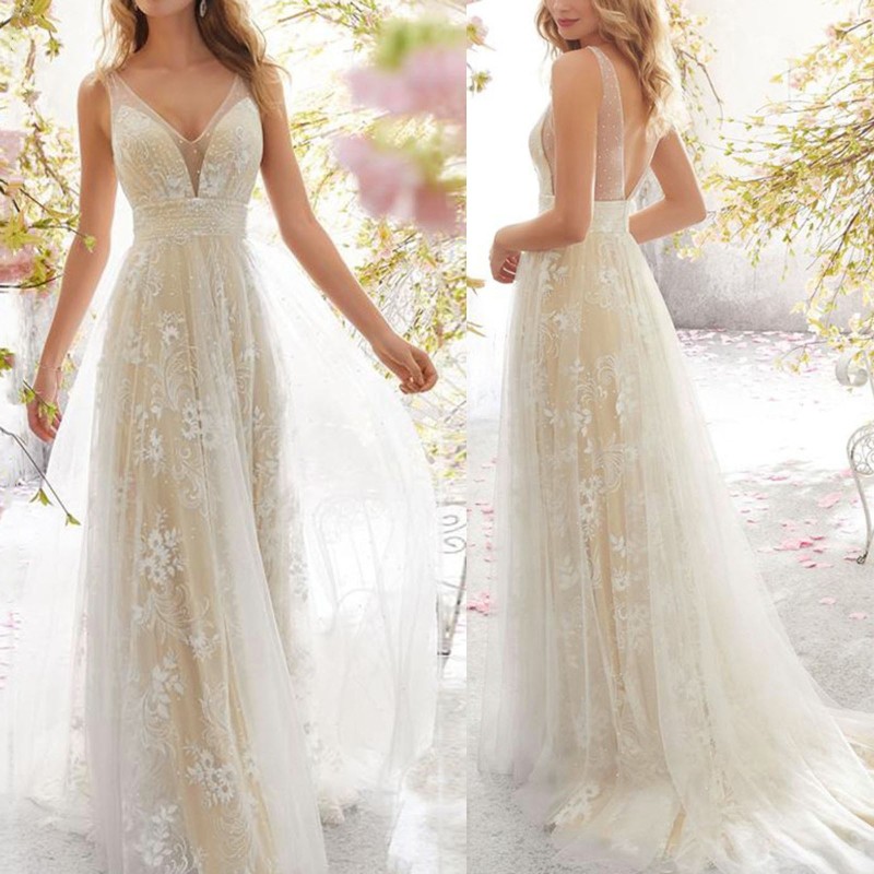 Women Elegant Sexy Lace Floral Backlesss Wedding Guest Dresses