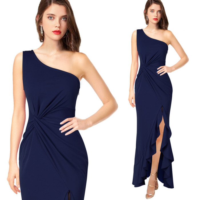 Women's Sexy Slim Fit Sloping Shoulder Sleeveless Solid Color  Wedding Guest Dress