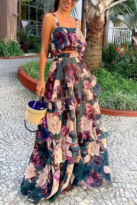 Floral Print Vintage Women Dress Sexy Two Piece Wedding Guest Dresses