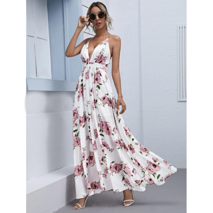 Women's Chiffon Loose Print Sling Sexy  Wedding Guest Dress