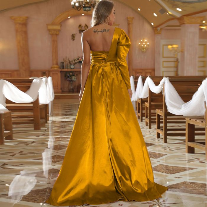 Women's New Long-sleeved Satin High Slit One-shoulder Trailing Banquet Wedding Guest Dresses