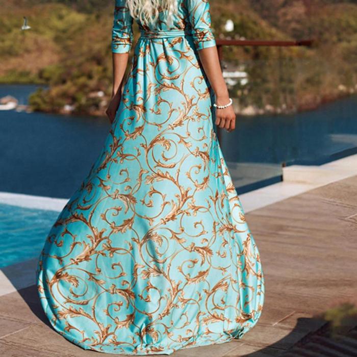 Summer Printed V Neck Women 3/4 Sleeve Waist Tied Split Wedding Guest Dresses