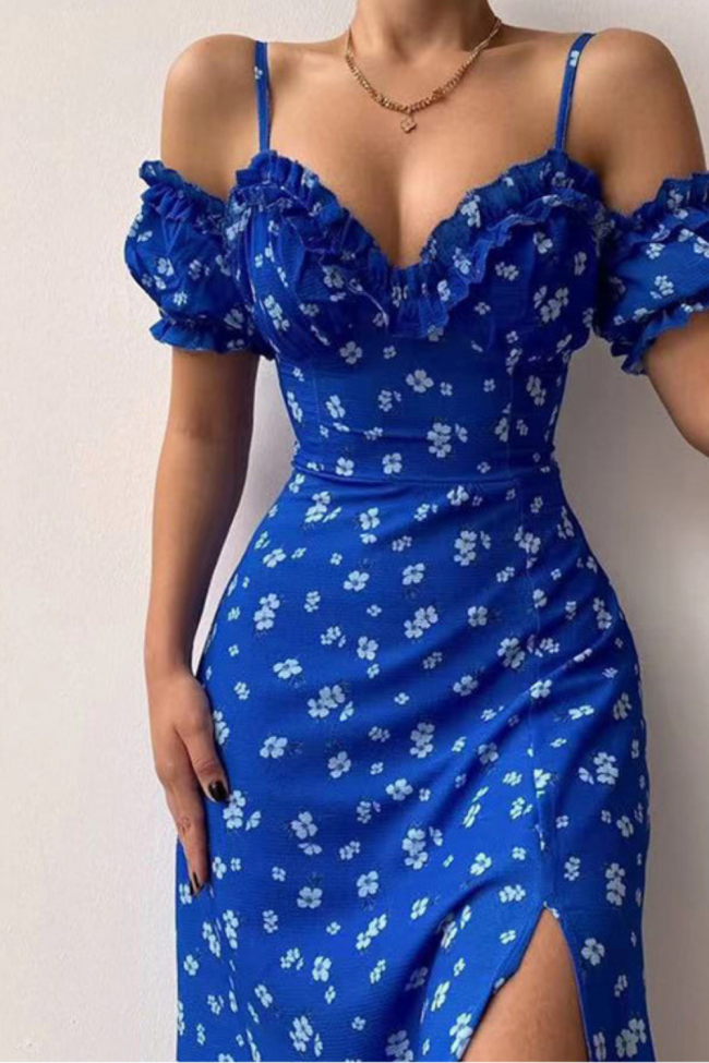 Floral Sling Sexy Spaghetti Strap Split Puff Sleeve Wedding Guest Dresses