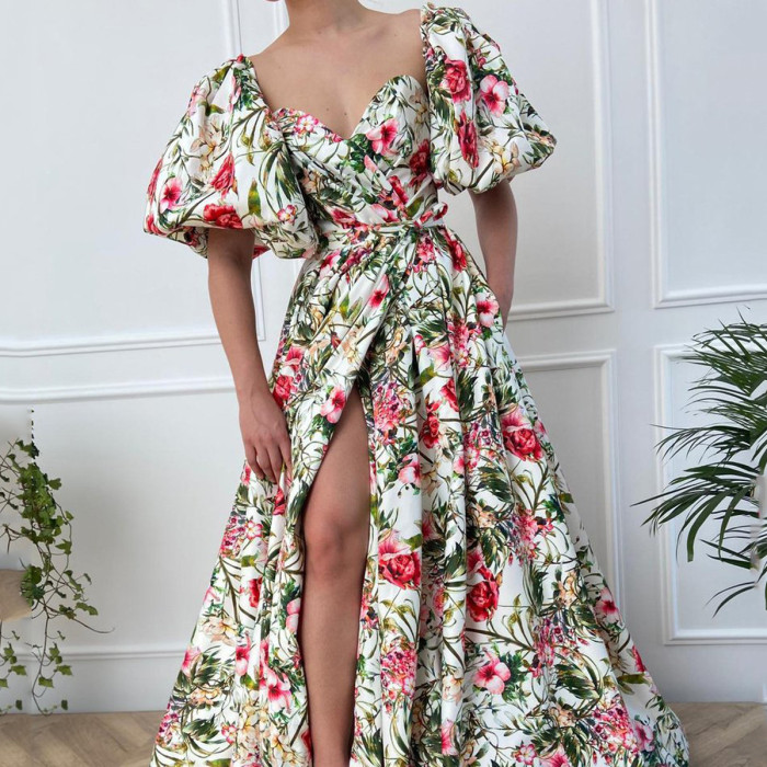 New Printed Boho Sexy Square Sleeve Belt  Wedding Guest Dresses