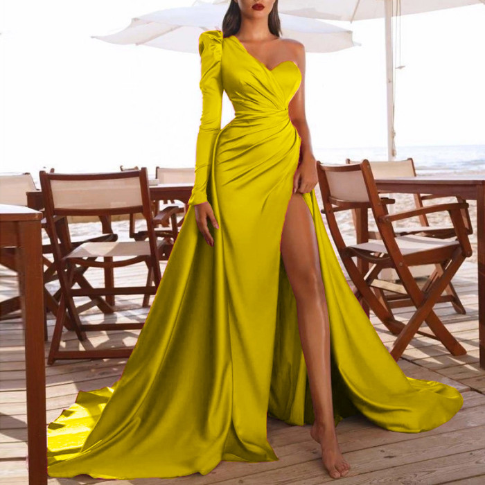 Women's New Long-sleeved Satin High Slit One-shoulder Trailing Banquet Wedding Guest Dresses