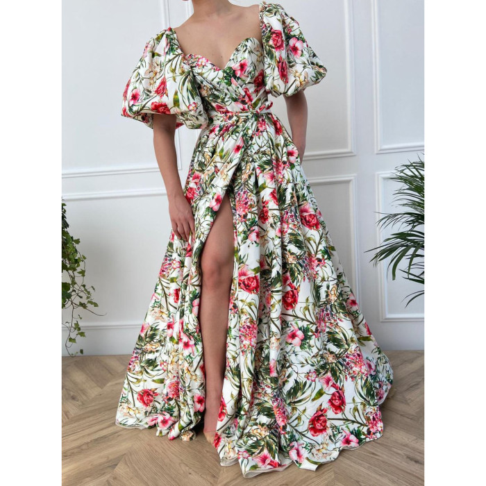New Printed Boho Sexy Square Sleeve Belt  Wedding Guest Dresses
