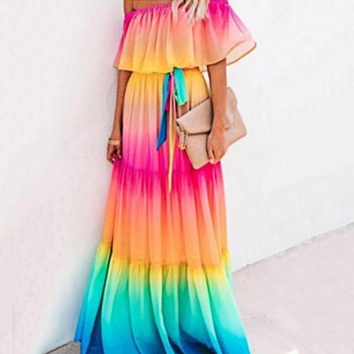 Women Print Bright Ruffled Thin Large Hem Belt  Wedding Guest Dresses