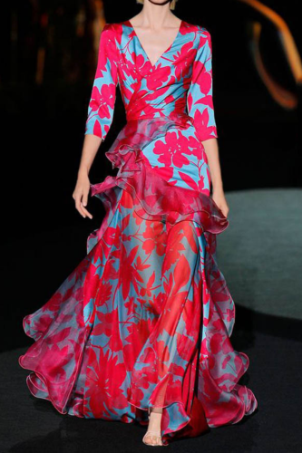 Women V Neck Asymmetrical Print Ruffle Casual  Wedding Guest Dresses