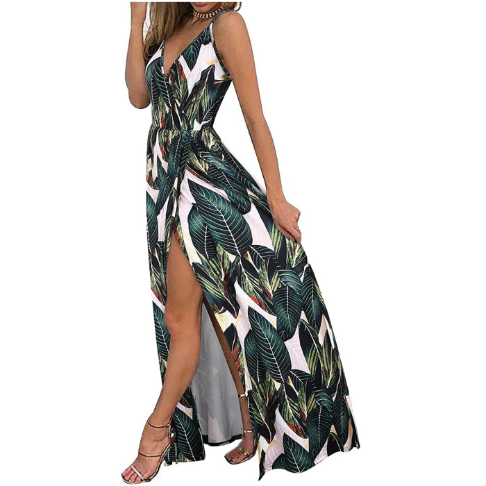 Women's Fashion Sling V-Neck Sleeveless Print  Wedding Guest Dress
