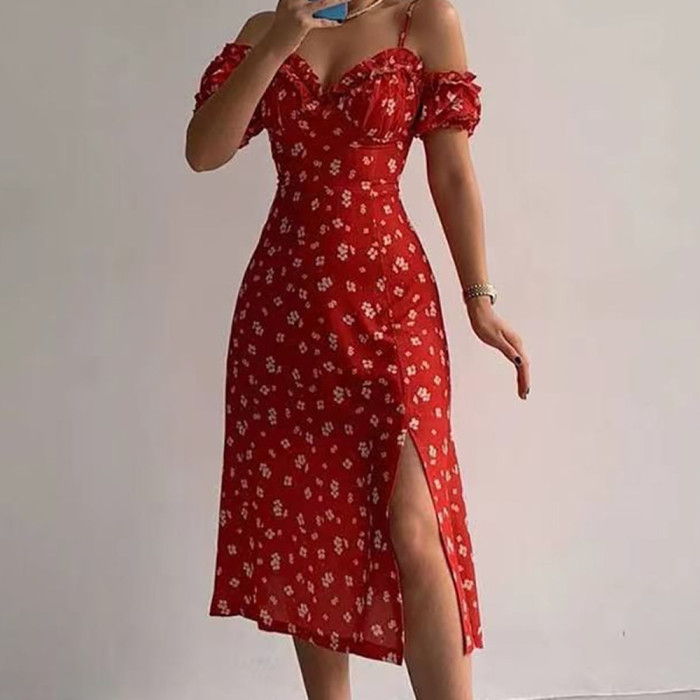 Floral Sling  Sexy Spaghetti Strap Split Puff Sleeve  Wedding Guest Dresses