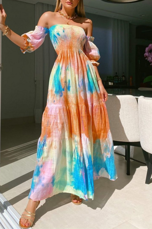 Off Shoulder Multicolor Print  Casual Lantern Sleeve Layered  Wedding Guest Dresses