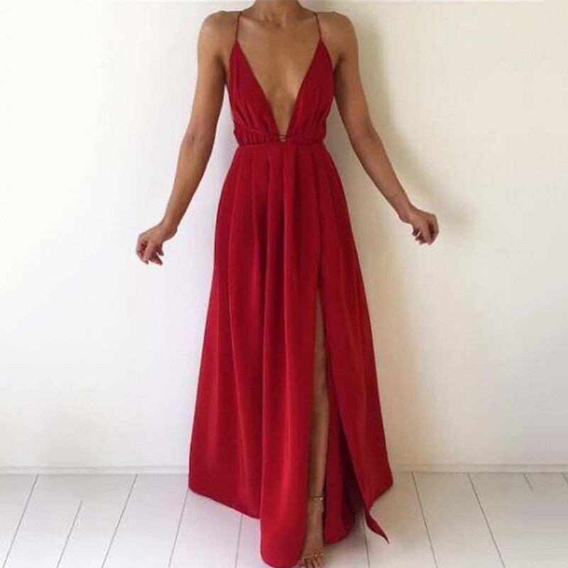 Summer Solid Color Sexy Deep V Neck Sleeveless  Wedding Guest Dress