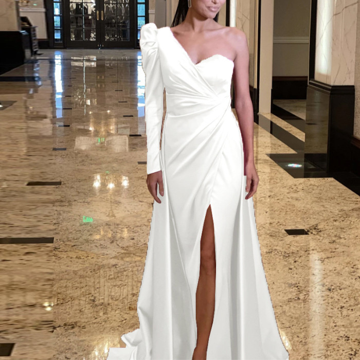 Women's New Long-sleeved Satin High Slit One-shoulder Trailing Banquet Wedding Guest Dresses