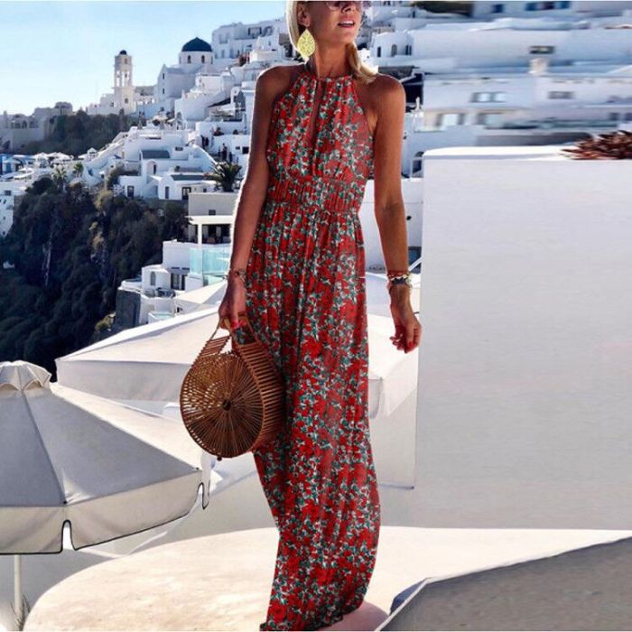 New Round Neck Halterneck Backless Sexy Print  Wedding Guest Dresses