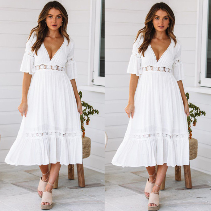 Short Sleeve Hollow Out V-neck   Wedding Guest Dresses