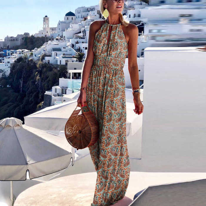 New Round Neck Halterneck Backless Sexy Print  Wedding Guest Dresses