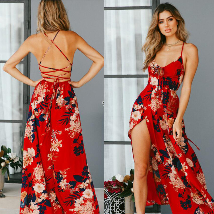 Floral Evening Party Beach  Backless Wedding Guest Dresses