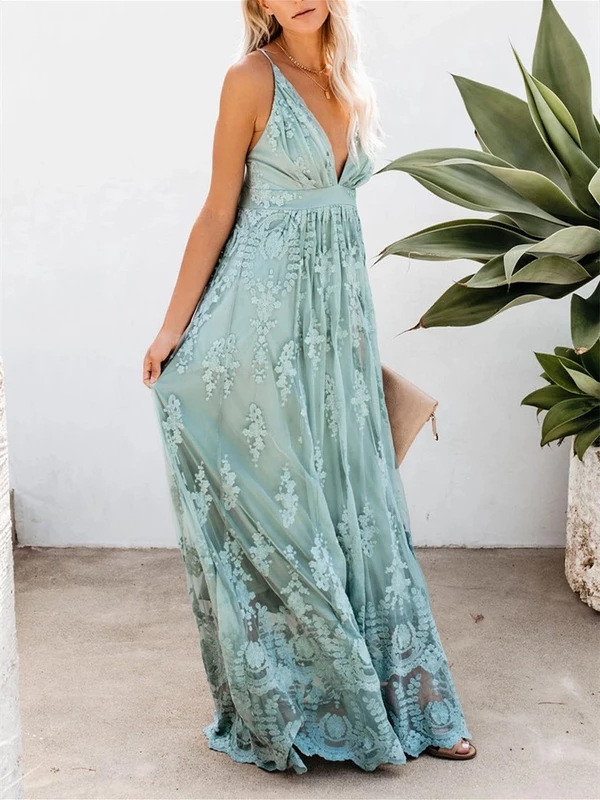 Summer Women's Boho Long Embroidered Lace Deep V Neck Backless  Wedding Guest Dress