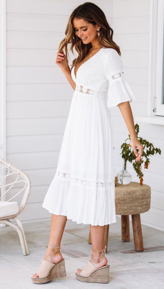 Short Sleeve Hollow Out V-neck   Wedding Guest Dresses