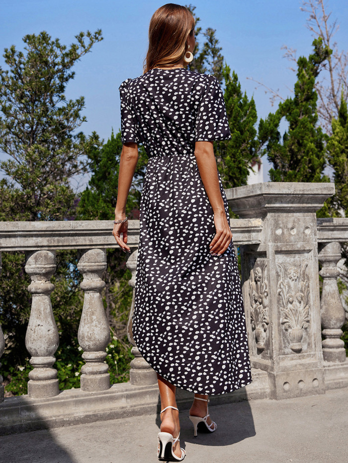 Floral Side Button Waist Short Sleeve  Maxi Dresses