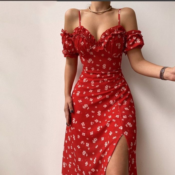 Floral Sling  Sexy Spaghetti Strap Split Puff Sleeve  Wedding Guest Dresses