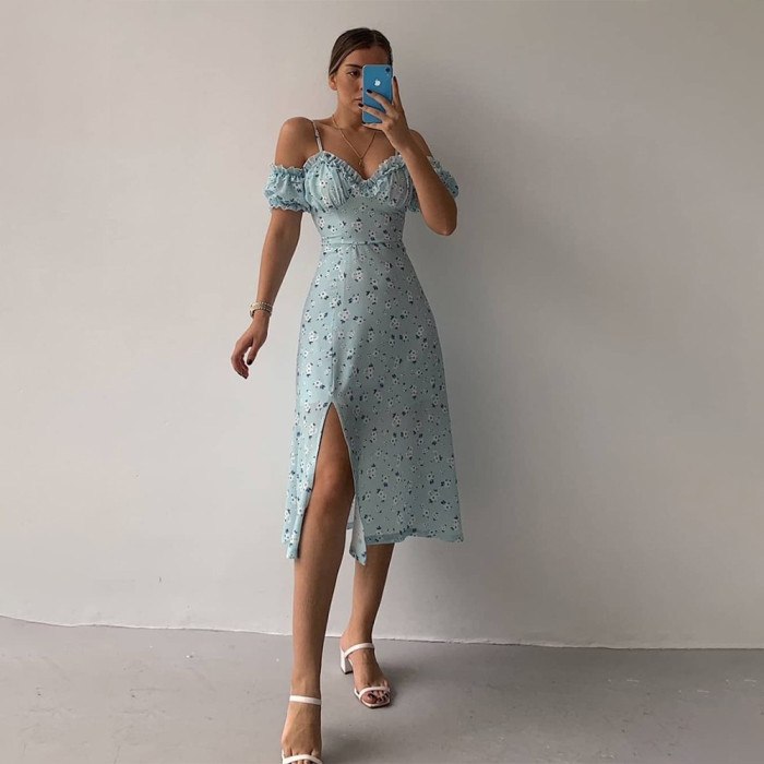 Floral Sling  Sexy Spaghetti Strap Split Puff Sleeve  Wedding Guest Dresses