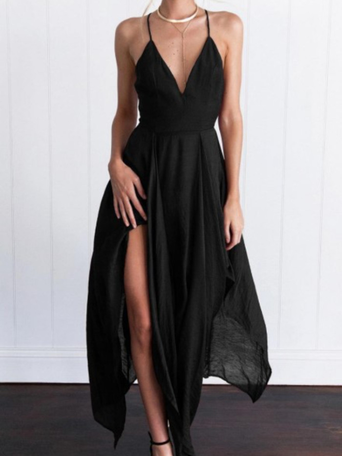 Women's Fashion V-neck Backless Split Suspender Wedding Guest Dresses