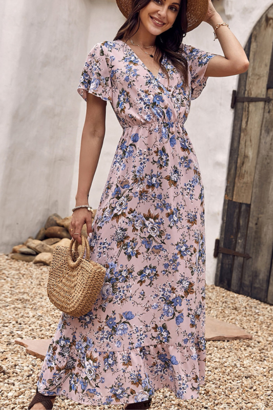 Chiffon Dress Beach Style Floral  V-neck Elegant  Maxi Dresses