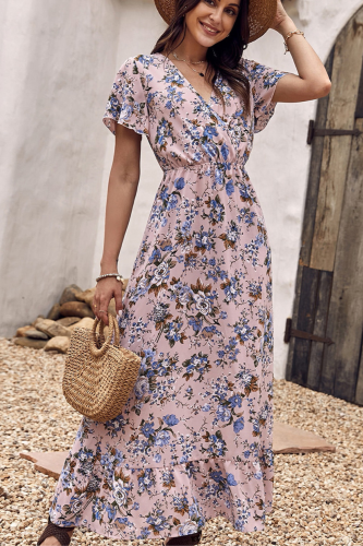 Chiffon Dress Beach Style Floral  V-neck Elegant  Maxi Dresses