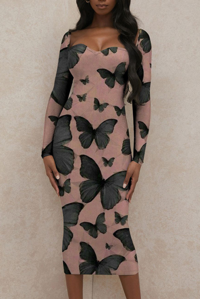 Butterfly Pattern Ladies Elegant Midi Slim Dress Wedding Guest Dresses
