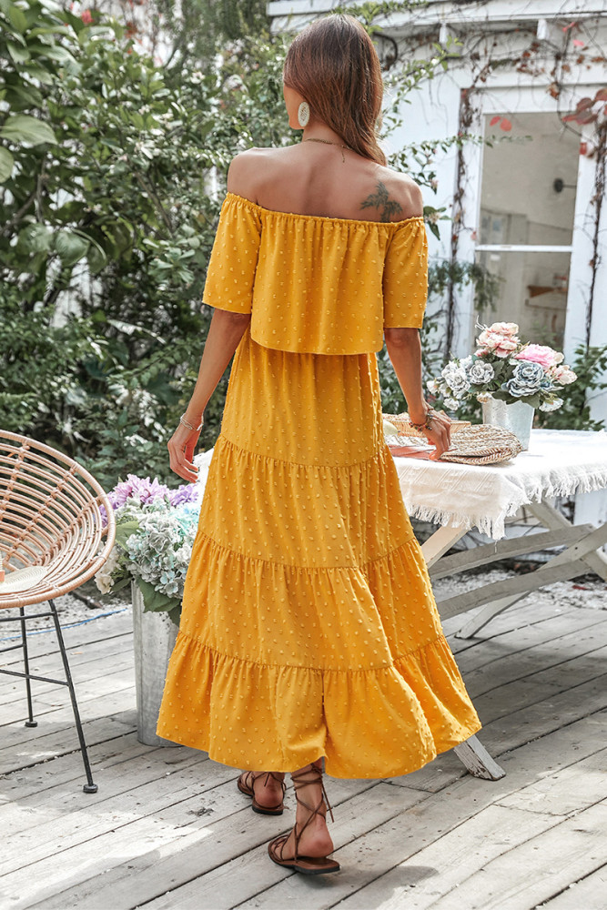 Solid High Waist Short Sleeve Dot Jacquard  Maxi Dresses